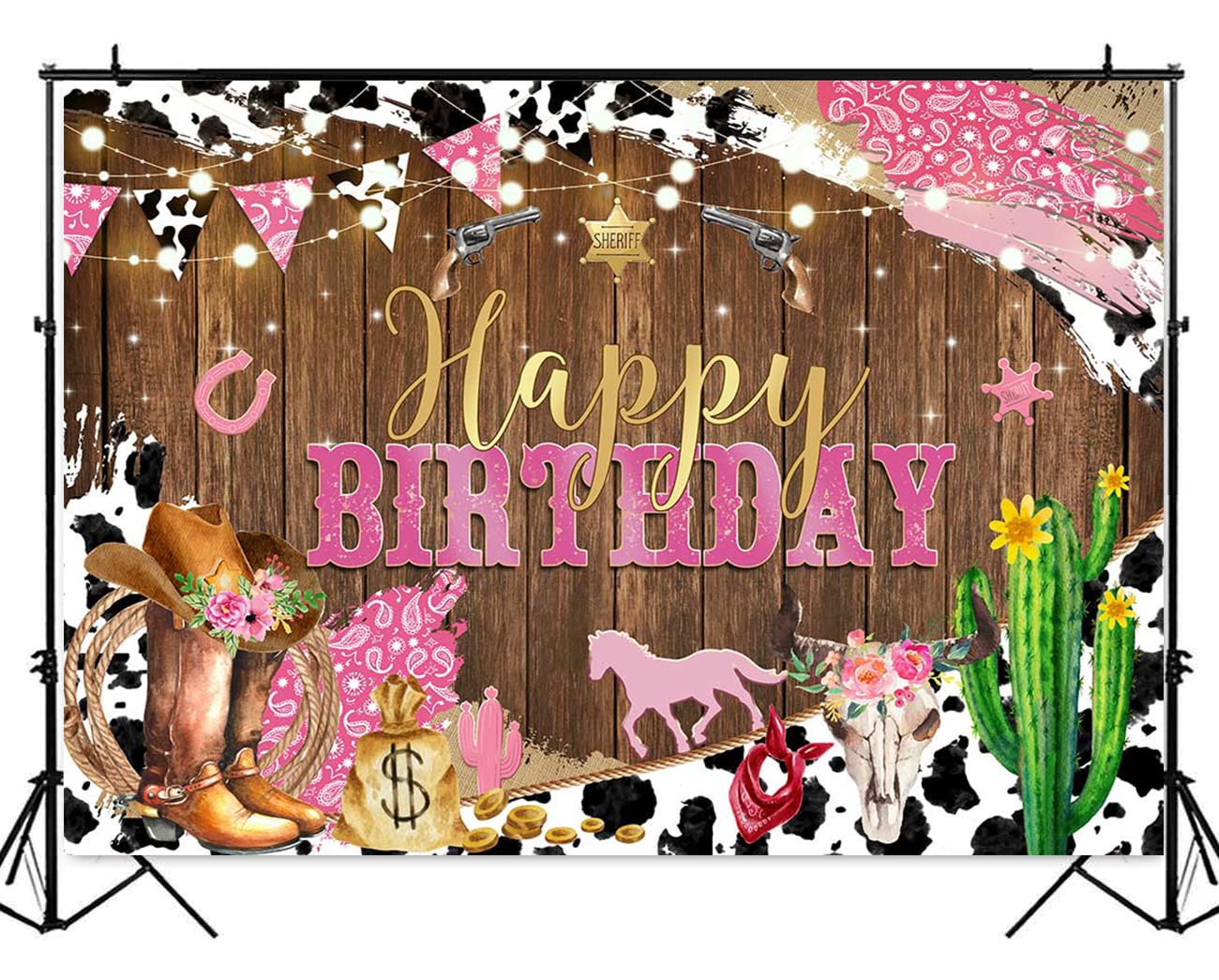 Mocsicka Western Cowgirl Birthday Backdrop Happy Birthday for Girl Party Decorations Banner Rustic West Rodeo Boot Country Birthday Photography Background Photo Booth Props(Pink, 7x5ft (82x60 inch))