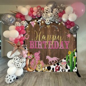 Mocsicka Western Cowgirl Birthday Backdrop Happy Birthday for Girl Party Decorations Banner Rustic West Rodeo Boot Country Birthday Photography Background Photo Booth Props(Pink, 7x5ft (82x60 inch))