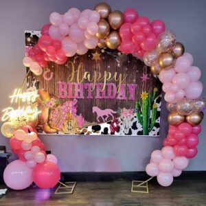 Mocsicka Western Cowgirl Birthday Backdrop Happy Birthday for Girl Party Decorations Banner Rustic West Rodeo Boot Country Birthday Photography Background Photo Booth Props(Pink, 7x5ft (82x60 inch))