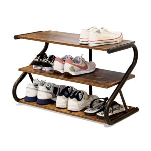 aroktake 3-tier shoe rack, z-frame wooden shoe shelf with durable metal shelves for hallway, living room, closet, bedroom (rustic)