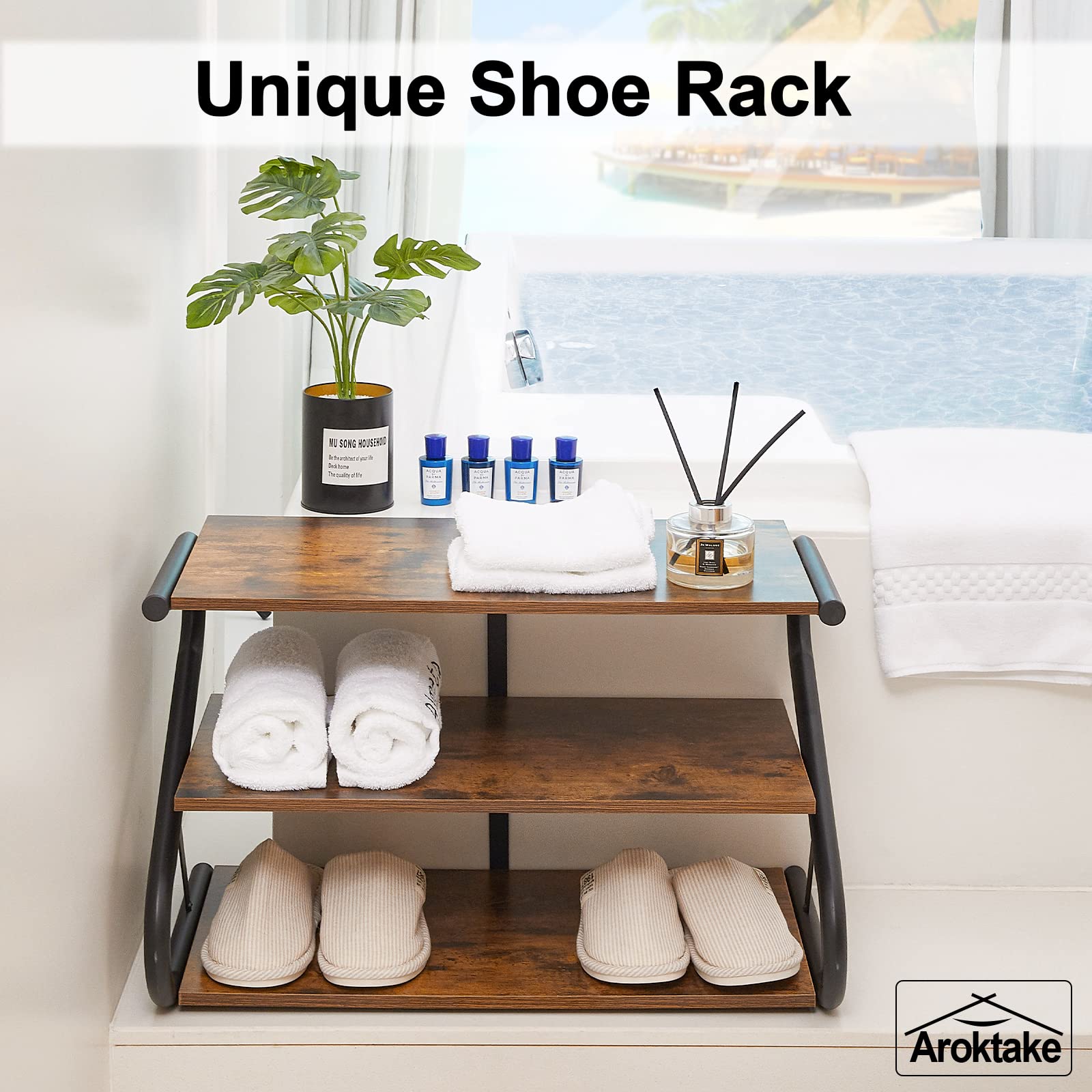 Aroktake 3-Tier Shoe Rack, Z-Frame Wooden Shoe Shelf with Durable Metal Shelves for Hallway, Living Room, Closet, Bedroom (Rustic)