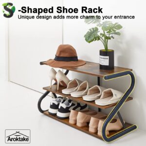 Aroktake 3-Tier Shoe Rack, Z-Frame Wooden Shoe Shelf with Durable Metal Shelves for Hallway, Living Room, Closet, Bedroom (Rustic)