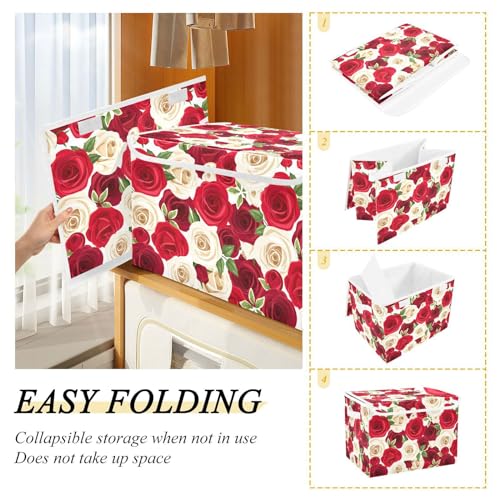 Sletend Storage Box Rose Floral Closet Storage Bins with Lids, Foldable Oxford Fabric Storage Box for Home Bedroom Closet Office (16.5x12.6x11.8 in)