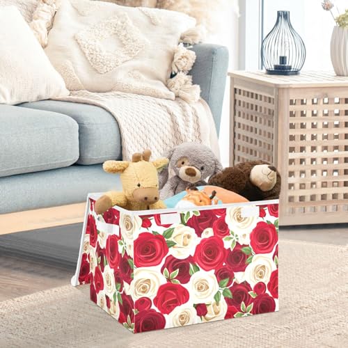 Sletend Storage Box Rose Floral Closet Storage Bins with Lids, Foldable Oxford Fabric Storage Box for Home Bedroom Closet Office (16.5x12.6x11.8 in)