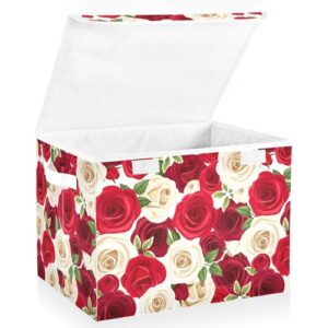 Sletend Storage Box Rose Floral Closet Storage Bins with Lids, Foldable Oxford Fabric Storage Box for Home Bedroom Closet Office (16.5x12.6x11.8 in)