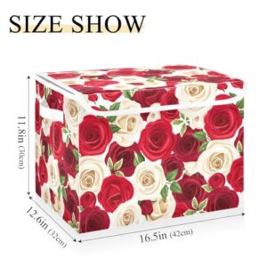 Sletend Storage Box Rose Floral Closet Storage Bins with Lids, Foldable Oxford Fabric Storage Box for Home Bedroom Closet Office (16.5x12.6x11.8 in)