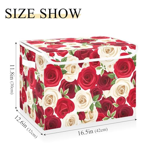 Sletend Storage Box Rose Floral Closet Storage Bins with Lids, Foldable Oxford Fabric Storage Box for Home Bedroom Closet Office (16.5x12.6x11.8 in)