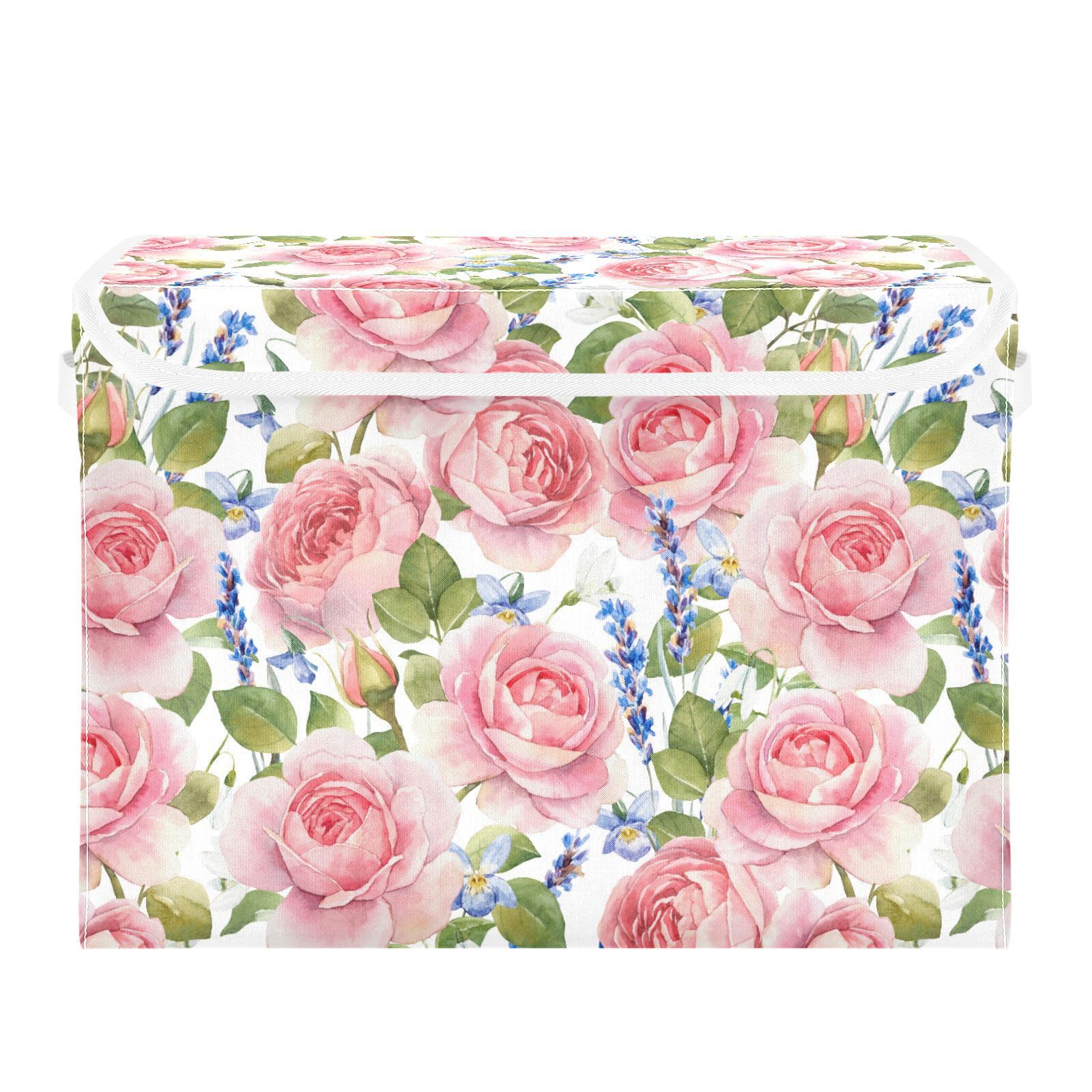 Sletend Storage Box Rose Flower Floral Closet Storage Bins with Lids, Foldable Oxford Fabric Storage Box for Home Bedroom Closet Office (16.5x12.6x11.8 in)