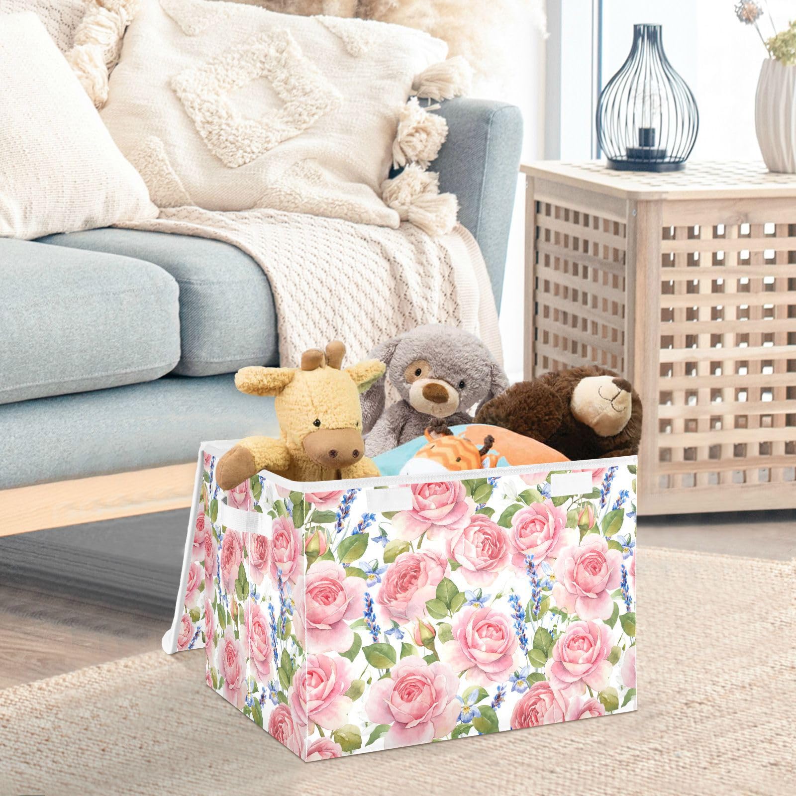 Sletend Storage Box Rose Flower Floral Closet Storage Bins with Lids, Foldable Oxford Fabric Storage Box for Home Bedroom Closet Office (16.5x12.6x11.8 in)