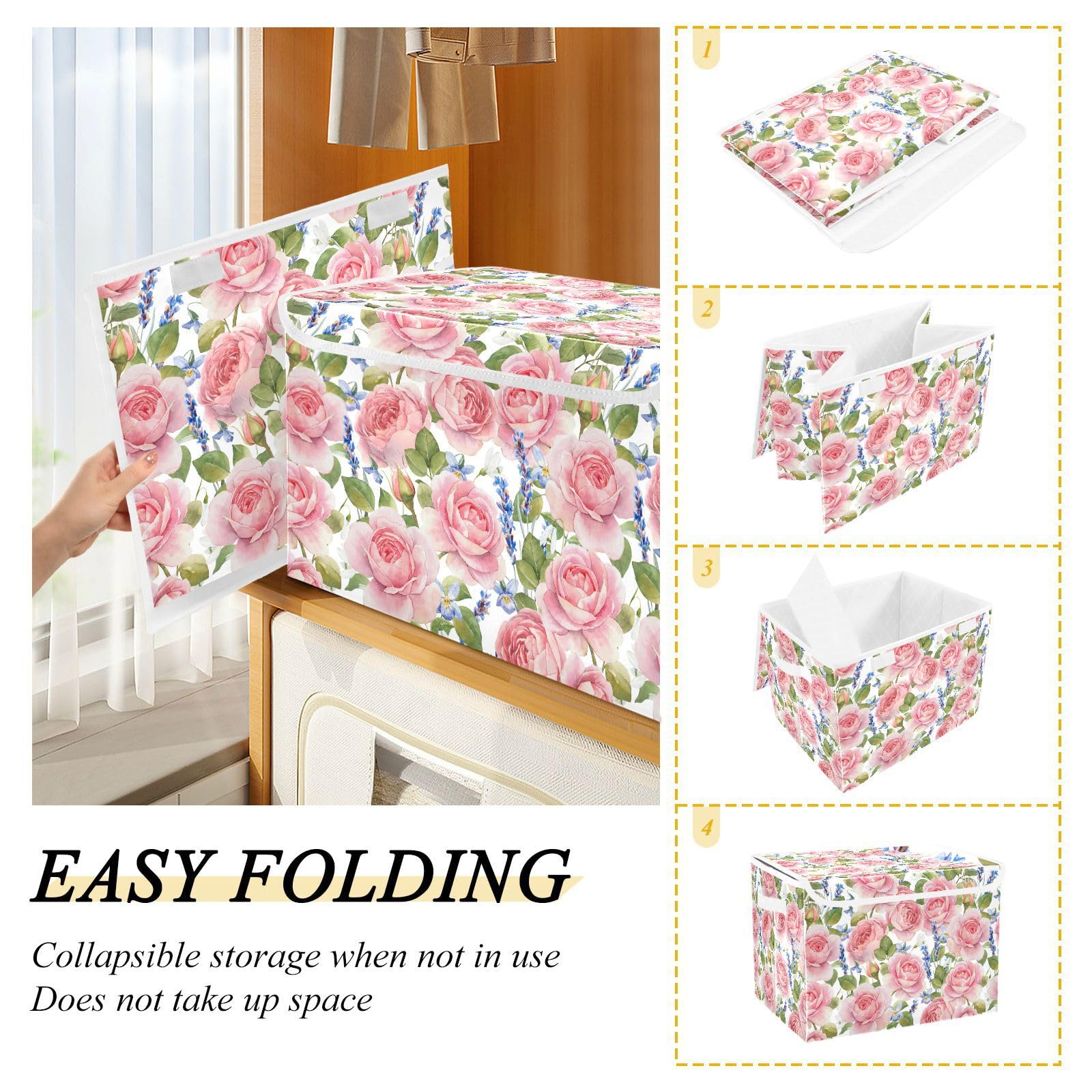 Sletend Storage Box Rose Flower Floral Closet Storage Bins with Lids, Foldable Oxford Fabric Storage Box for Home Bedroom Closet Office (16.5x12.6x11.8 in)