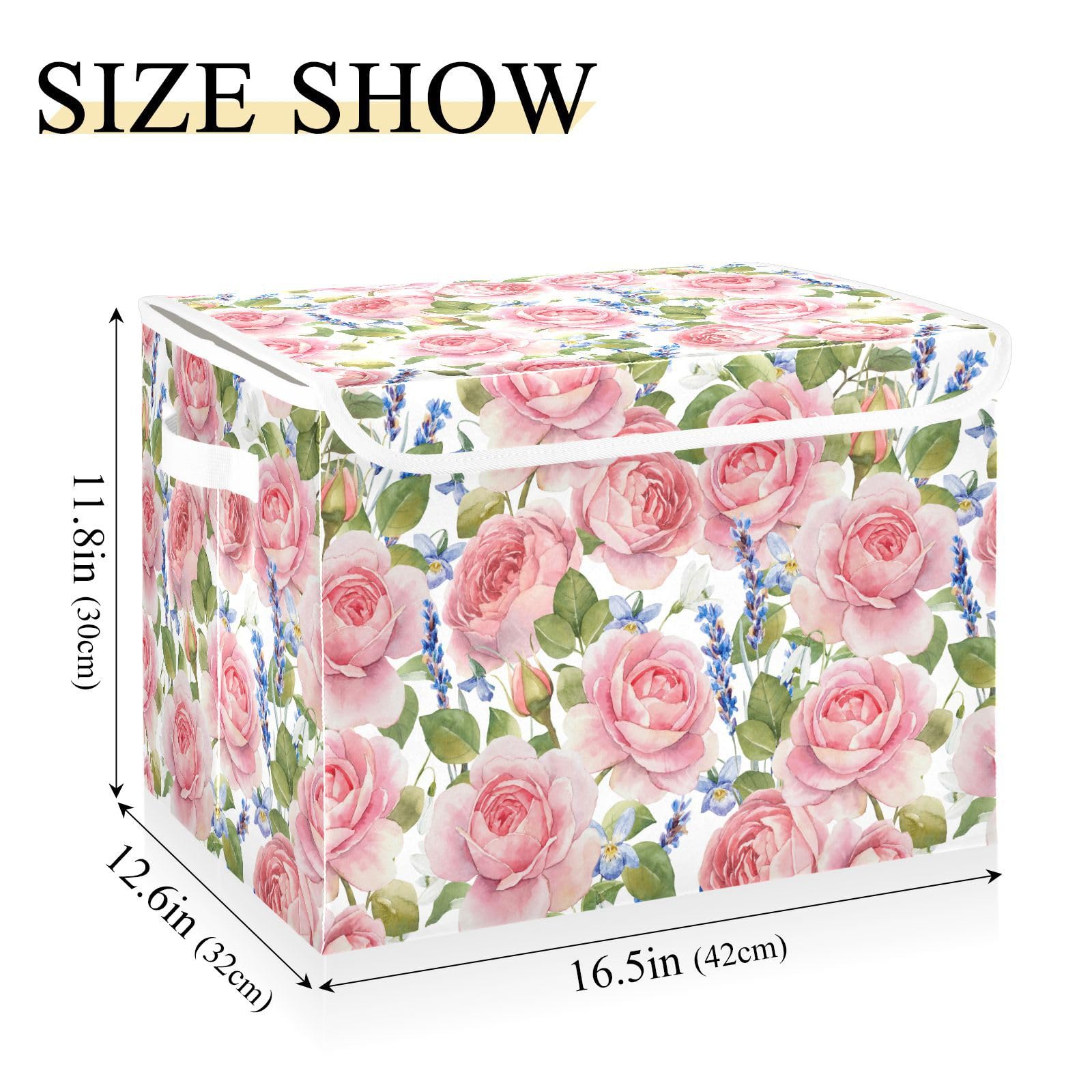 Sletend Storage Box Rose Flower Floral Closet Storage Bins with Lids, Foldable Oxford Fabric Storage Box for Home Bedroom Closet Office (16.5x12.6x11.8 in)