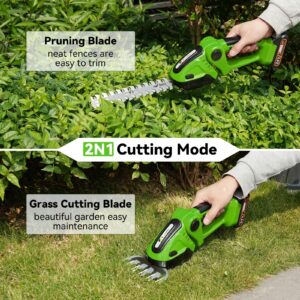 Hedge Trimmer Cordless, TOOVEM 2 in 1 Handheld Cordless Grass Shear with 2 Pcs Rechargeable Batterys and Charger, 24V Electric Weed Grass Cutter Shrubbery Trimmer for Garden, Lawn (Green)