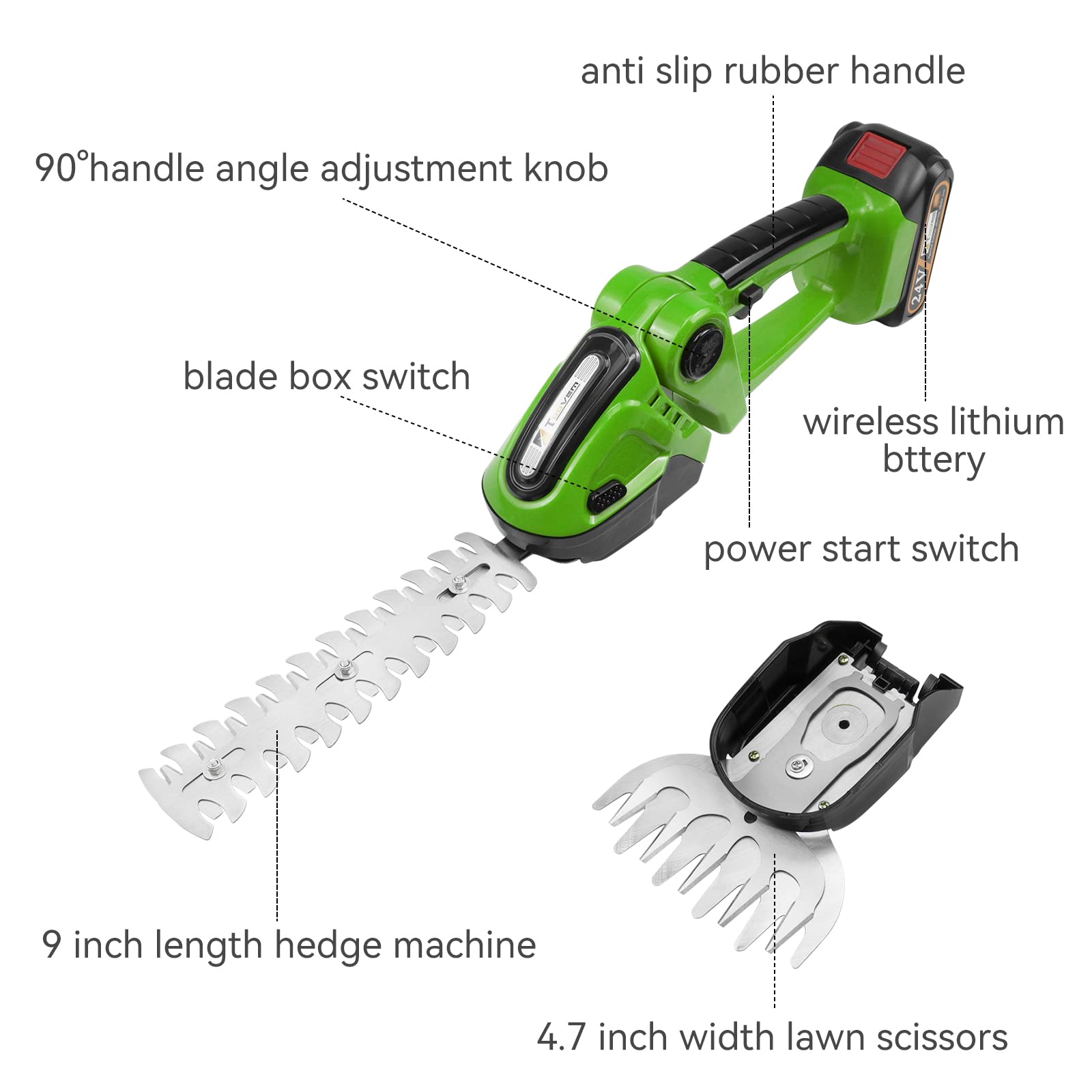 Hedge Trimmer Cordless, TOOVEM 2 in 1 Handheld Cordless Grass Shear with 2 Pcs Rechargeable Batterys and Charger, 24V Electric Weed Grass Cutter Shrubbery Trimmer for Garden, Lawn (Green)