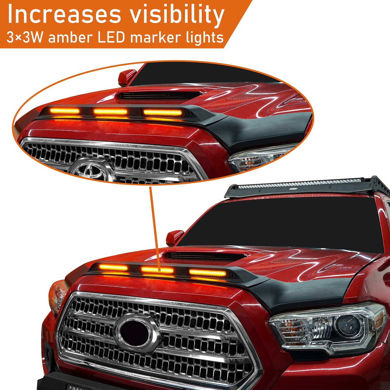 Hooke Road Tacoma Hood Protector Bug Deflector Stone Guard Shield w/Amber Lights for Toyota Tacoma 3rd Gen 2016 2017 2018 2019 2020 2021 2022 2023 (Matte Black)