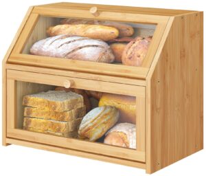 vriccc bread box for kitchen counter, bamboo wood bread box, large capacity bread storage bin
