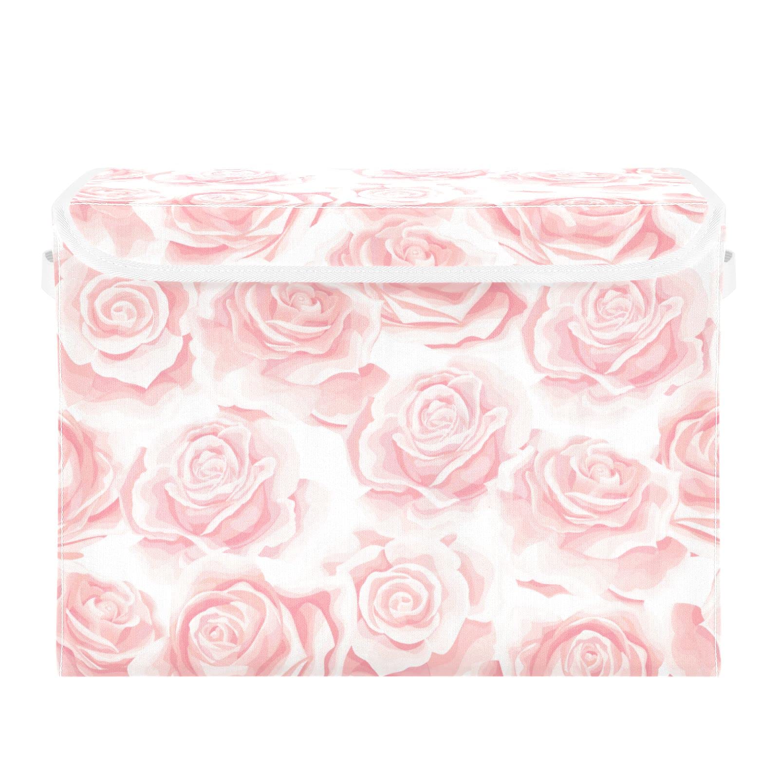 Kigai Storage Basket Pink Rose Flower Storage Boxes with Lids and Handle, Large Storage Cube Bin Collapsible for Shelves Closet Bedroom Living Room, 16.5x12.6x11.8 In