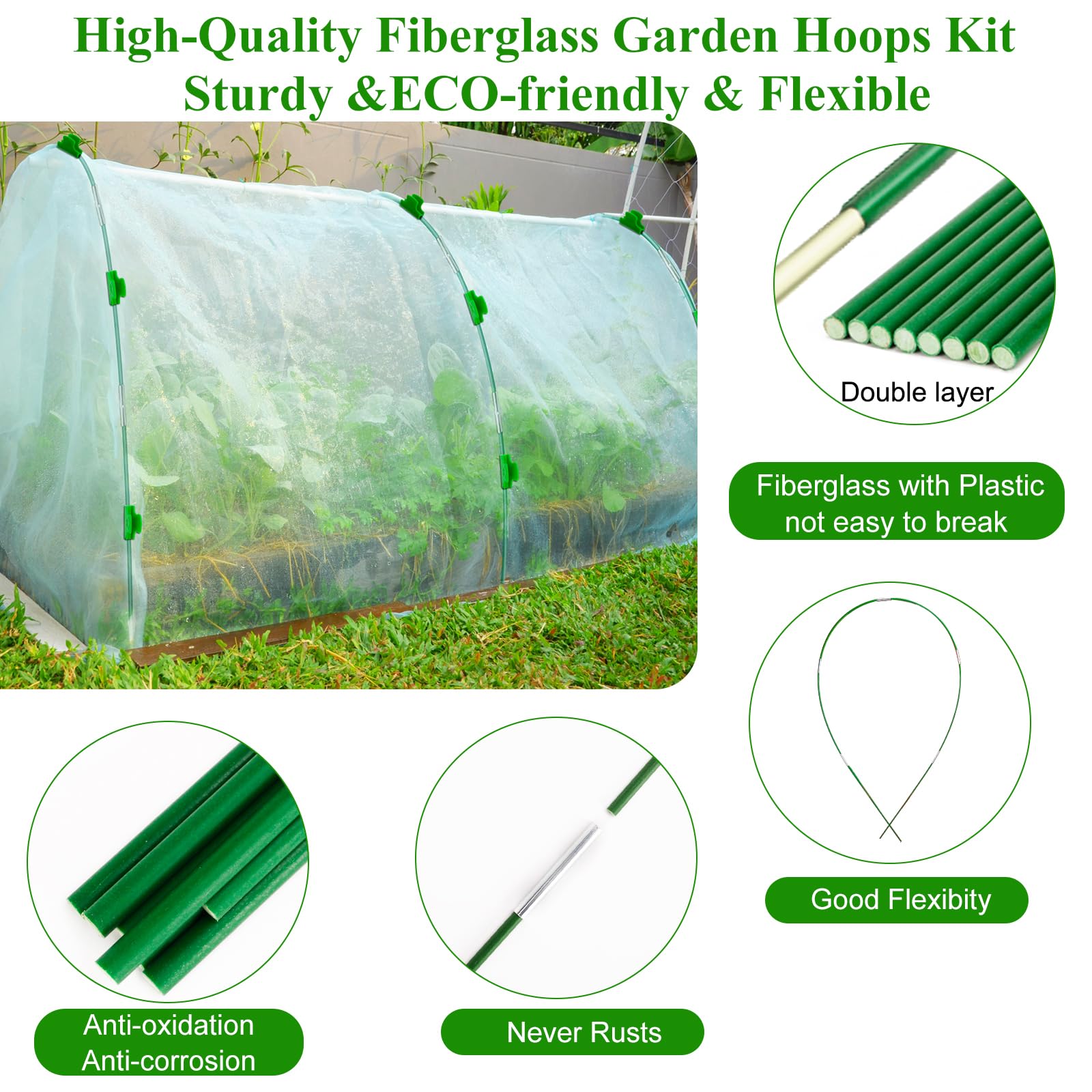 Greenhouse Hoops Grow Tunnel 6 Sets of 8FT Long Garden Hoops, Rust-Free Fiberglass Garden Hoops Frame for Garden Netting Raised Bed Plant Shade Cloth Row Cover, DIY Plant Support Garden Stakes- 36pcs