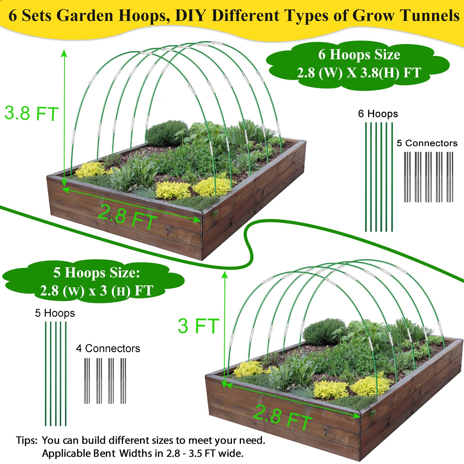 Greenhouse Hoops Grow Tunnel 6 Sets of 8FT Long Garden Hoops, Rust-Free Fiberglass Garden Hoops Frame for Garden Netting Raised Bed Plant Shade Cloth Row Cover, DIY Plant Support Garden Stakes- 36pcs