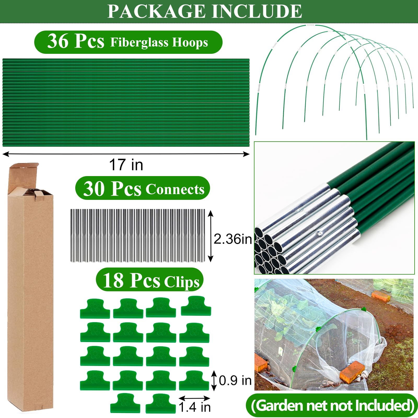 Greenhouse Hoops Grow Tunnel 6 Sets of 8FT Long Garden Hoops, Rust-Free Fiberglass Garden Hoops Frame for Garden Netting Raised Bed Plant Shade Cloth Row Cover, DIY Plant Support Garden Stakes- 36pcs