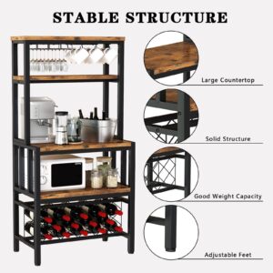 Recaceik Wine Rack Freestanding Floor, Kitchen Organizers and Storage with Wine Bottle Holder Glass Holder, Multi-Function Bakers Rack Home Coffee Wine Bar Cabinet, Rustic Brown