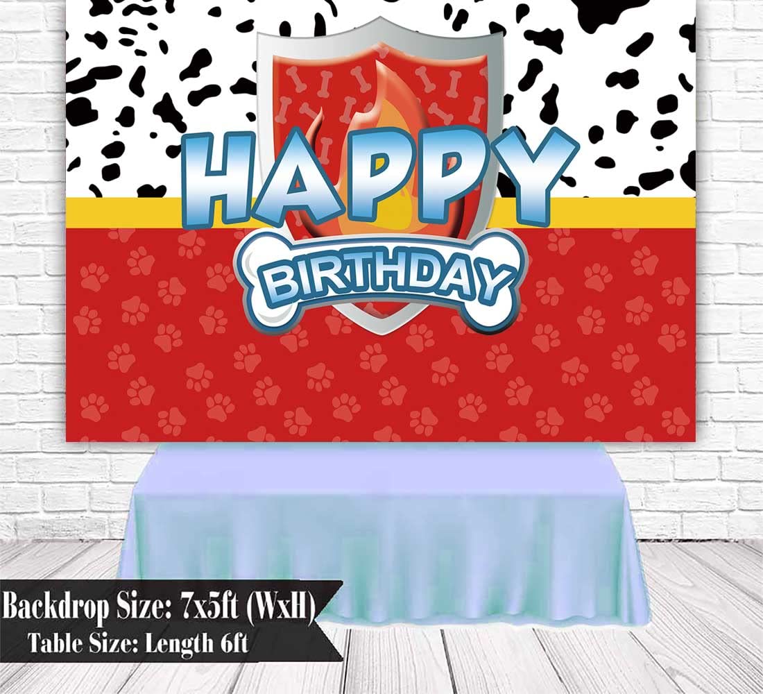 7x5ft Dog Patrol Birthday Backdrop Paw Print Red Fire Shield Happy Birthday Banner Decorations Background for Boys Girls Puppy Dog Birthday Party Cake Table Supplies