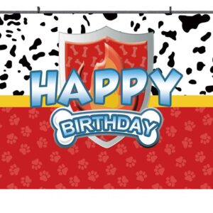 7x5ft Dog Patrol Birthday Backdrop Paw Print Red Fire Shield Happy Birthday Banner Decorations Background for Boys Girls Puppy Dog Birthday Party Cake Table Supplies