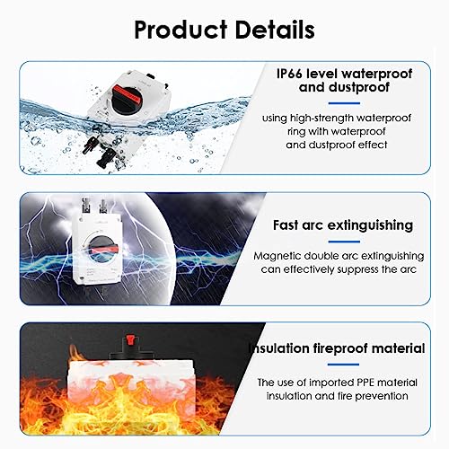 PV Solar Disconnect Switch, 1200V 32A PV DC Isolator Switch, IP66 Waterproof, for Solar Power System RV Boats, On Off Grid Solar Systems (Basic Type)