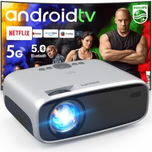 philips android tv projector with apps and 5g wifi bluetooth - smart projector built-in netflix, youtube, outdoor movie projector 4d 4p keystone, zoom, compatible w/ ios/android/xbox/ps4/tv stick/hdmi