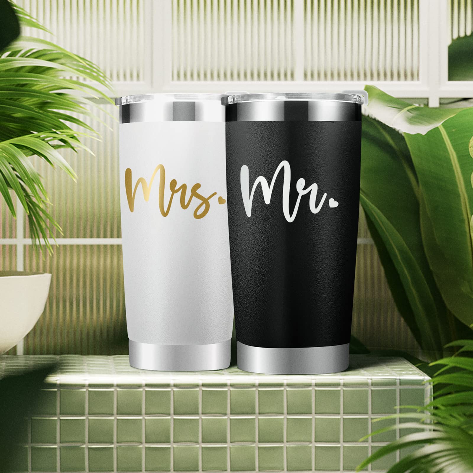 JETIKON Mr Mrs Travel Tumbler Apron Set Wedding Engagement Anniversary Valentine's Day Gifts for Couple Husband Wife Bride Groom His and Hers Newlyed Gifts 20oz Stainless Steel Insulated Tumbler