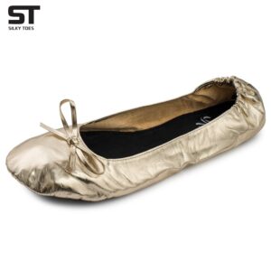 Silky Toes Women's Foldable Portable Travel Ballet Flat Roll Up Slipper Shoes with Matching Carrying Pouch (Extra Large, Gold)