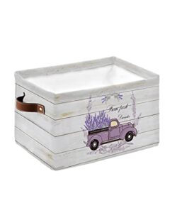 storage baskets for shelves, foldable rectangle storage baskets, truck with purple lavender on vintage wood background storage containers for organizing dorm closet room(15” x 11” x 9.5”)