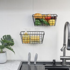 2 Pack Hanging Storage Basket, Bathroom Basket, Household Goods Storage Basket, with Traceless Tape, no Drilling, for Cabinet Storage, Kitchen, Bathroom, Storage Room (2 Black)