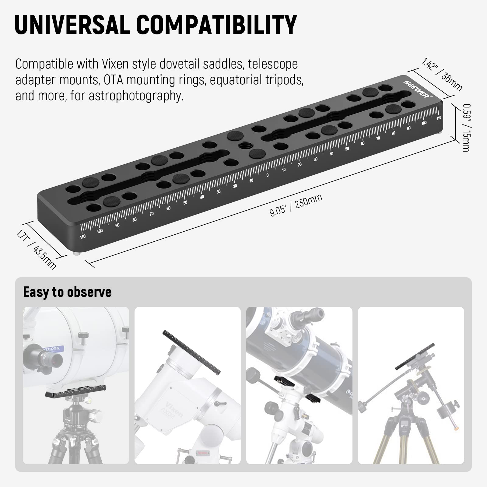 NEEWER 9"/230mm Rail Bar Vixen Style Dovetail Plate, Metal Mounting Plate Saddle with M6 1/4" 3/8" Camera Screw for Telescope Mount Adapter OTA Equatorial Tripod Sky Astrophotography, QR003