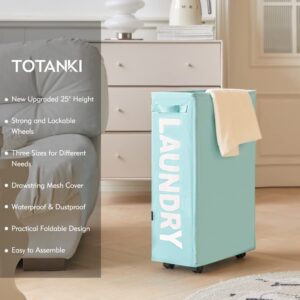 TOTANKI 25" Rolling Slim Laundry Basket on Wheels, Foldable Laundry Hamper with Handle, Collapsible Laundry Sorter and Organizer, Tall Storage Basket Bin (Light Blue)