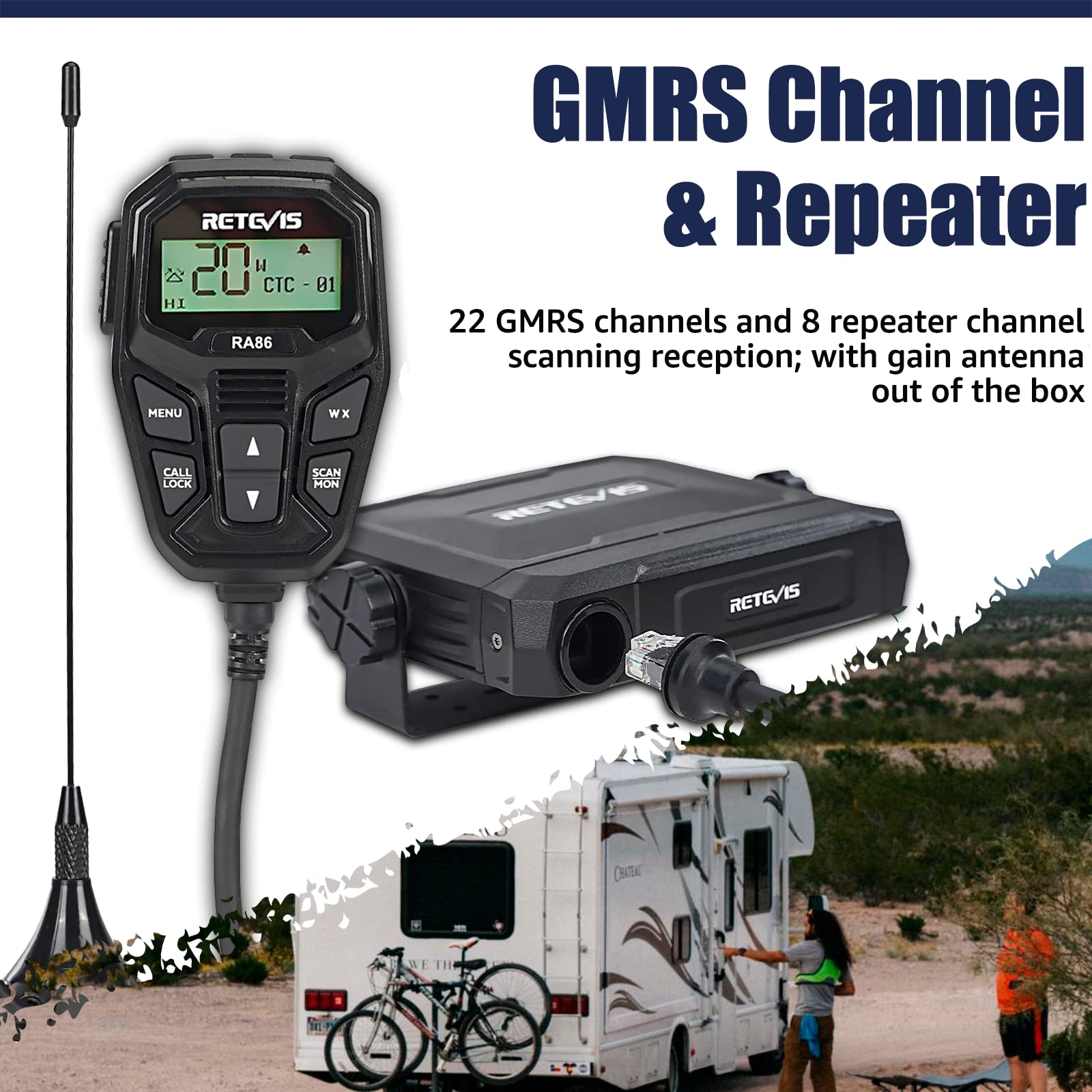 Retevis RA86 GMRS Mobile Radio, 20 Watt GMRS Radio with Antenna, NOAA 30 Channel GMRS Repeater, Easy to Install with Full Hardware, Mobile GMRS Two Way Radio, for Offroad Jeep