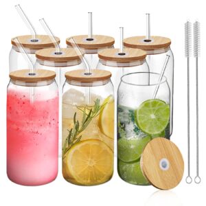 [8 pack, 20 oz] design•master premium glass cup with bamboo lids and glass straws, can shaped beer glasses, tumbler glasses, perfect for beer, cocktail, iced coffee, iced tea and soda.