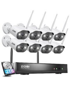 zosi 8ch 2k wireless home security camera system with 2tb hdd,8x 3mp wifi indoor outdoor cameras,color night vision,two-way audio,light & siren alarm,2k h.265+ 8ch nvr recorder for 24/7 recording