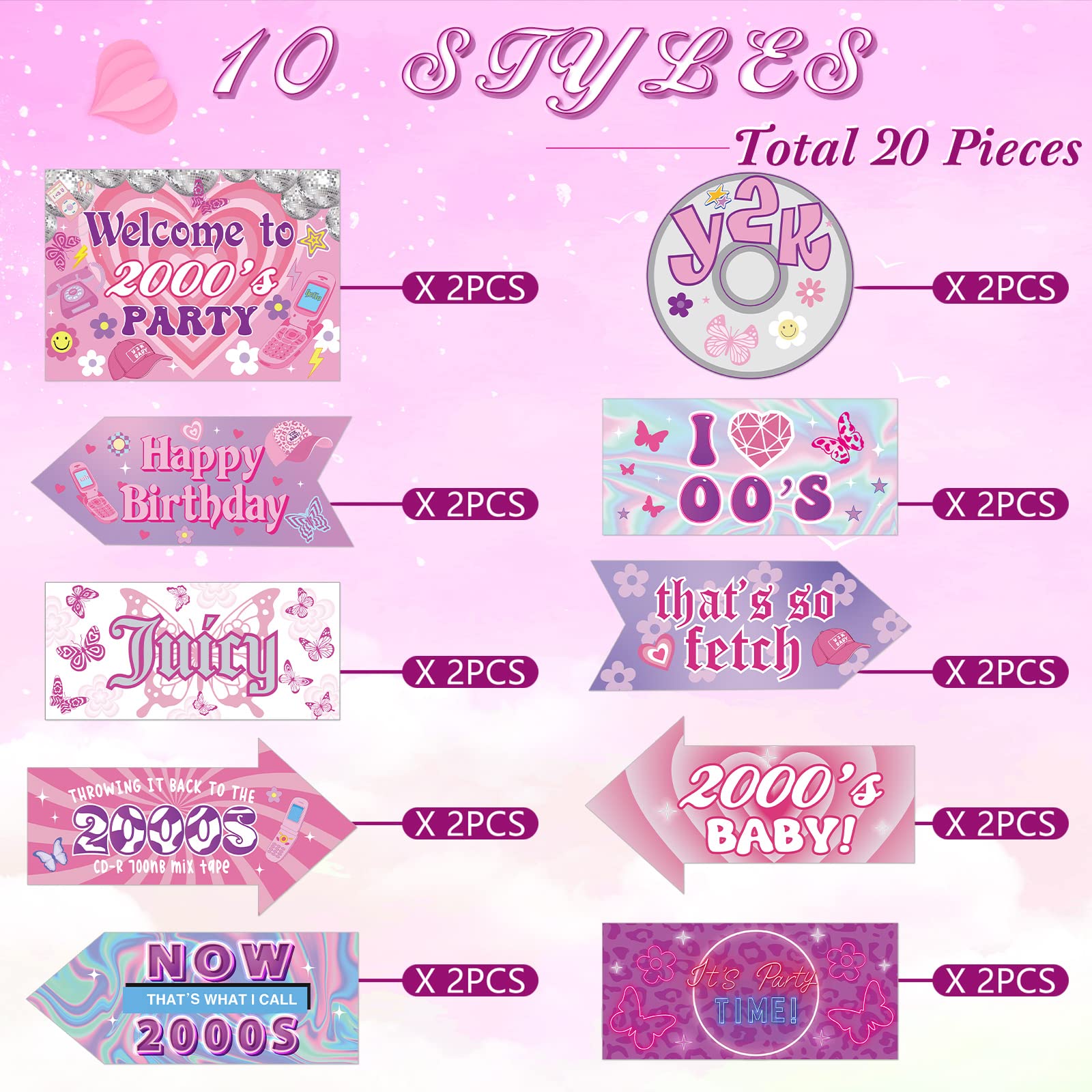 20 Pcs Y2K 2000s Pink Party Sign Decorations 00s Party Decorations 2000's Theme Birthday Party Supplies Retro Y2K Party Decoration for Birthday Female Bachelorette