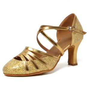 hipposeus women's latin dance shoes gold closed toe sparkle heel 3" ballroom salsa tango dance performance shoes,model 053,8.5 b(m) us