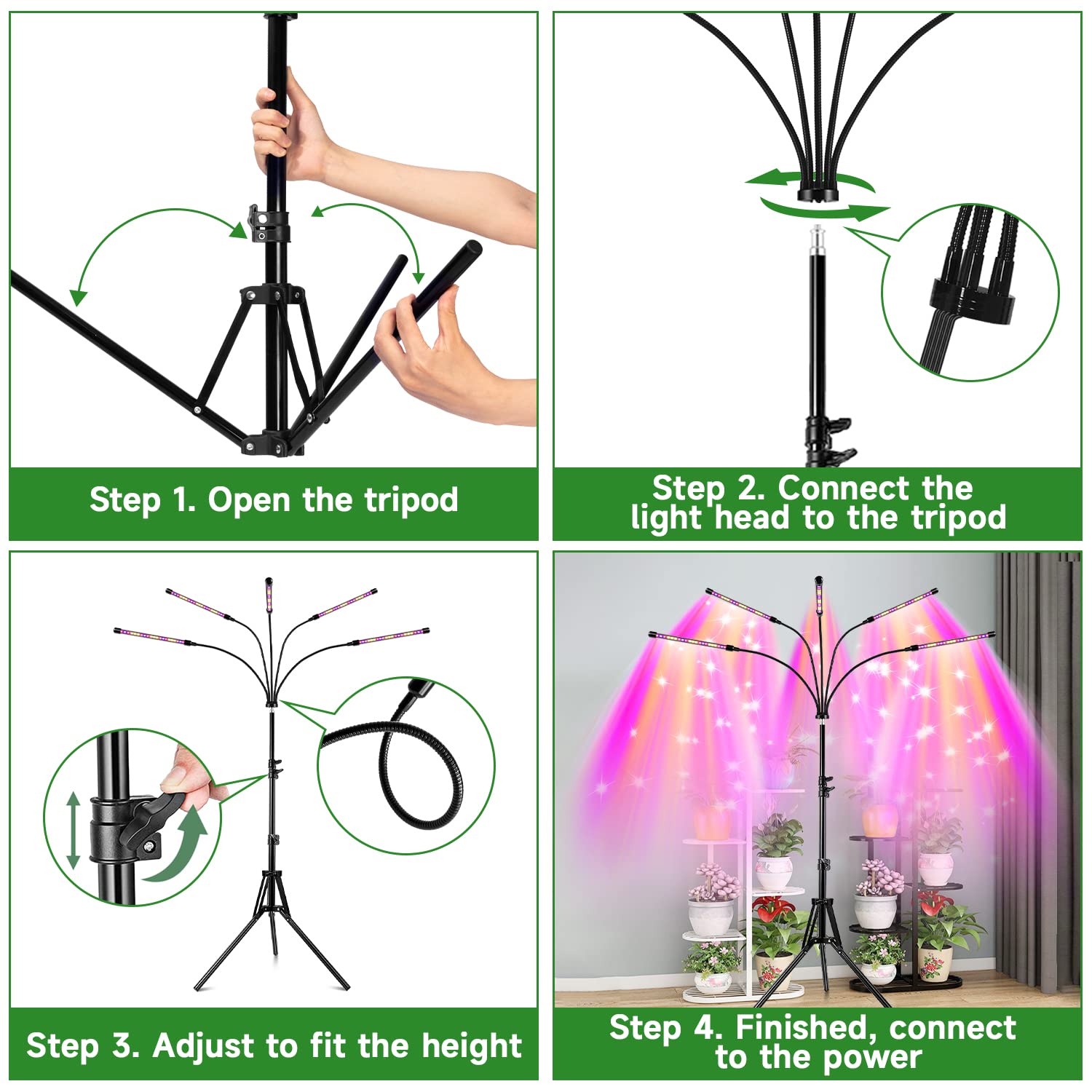 Garpsen Grow Light with Stand, 5 Heads Grow Lights for Indoor Plants, 100 LEDs Full Spectrum Led Plant Light for Seed Starting, with Clip&15-63" Adjustable Tripod&6/12/16H Timer