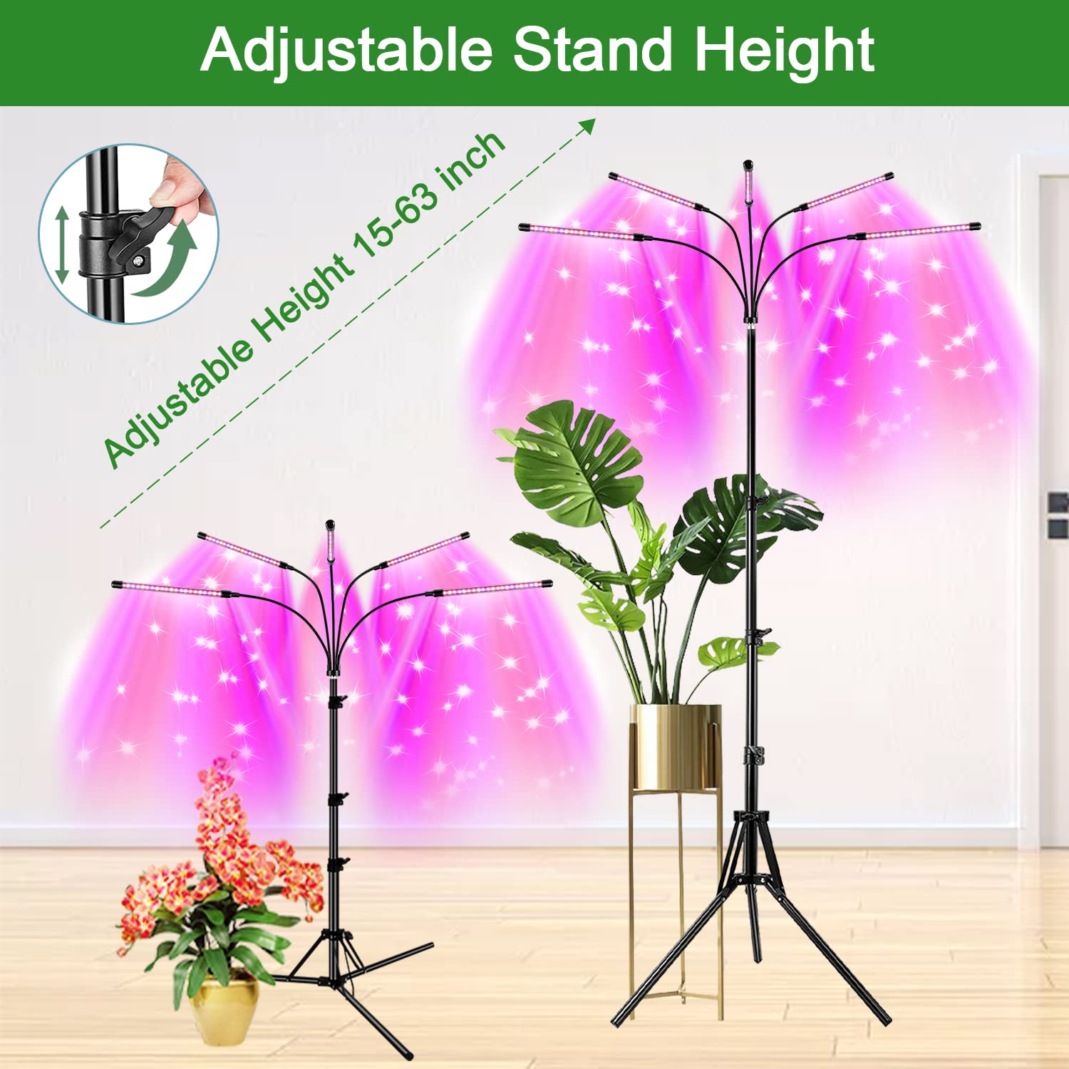 Garpsen Grow Light with Stand, 5 Heads Grow Lights for Indoor Plants, 100 LEDs Full Spectrum Led Plant Light for Seed Starting, with Clip&15-63" Adjustable Tripod&6/12/16H Timer