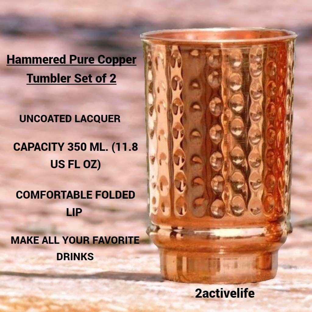 2 Activelife Set of 2 Hammered Pure Copper Tumblers for Storing and Drinking Water for Ayurvedic Medicine Cups| Copper Water Drinking Glass | 350 ml (11.8 fl. oz.)