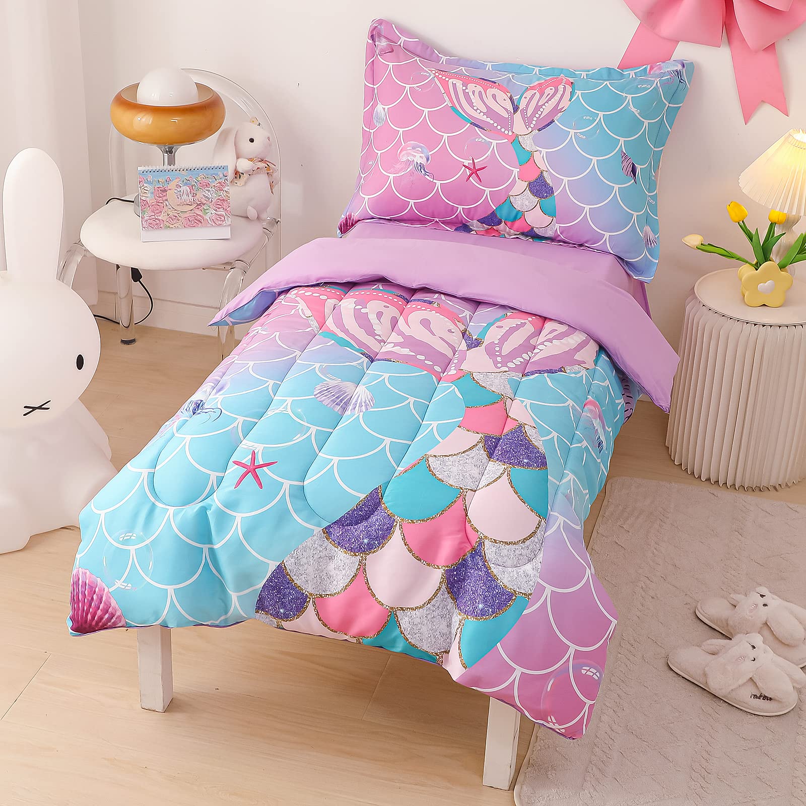 SUCHDECO 4 Pieces Toddler Bedding Set for Girls Baby Crib Bedding Set Toddler Comforter Sets with Mermaid Tails Print Blue Purple Gradient - Comforter, Fitted Sheet, Flat Sheet, Pillowcase