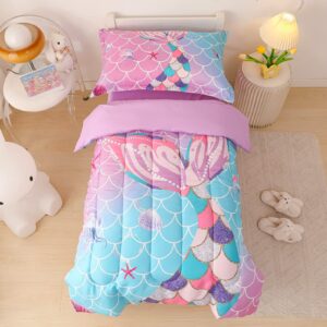 SUCHDECO 4 Pieces Toddler Bedding Set for Girls Baby Crib Bedding Set Toddler Comforter Sets with Mermaid Tails Print Blue Purple Gradient - Comforter, Fitted Sheet, Flat Sheet, Pillowcase