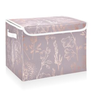 cataku large fabric storage bins with lids,rose gold floral storage boxes with handles for organizing clothes, collapsible storage cube bins baskets for shelves