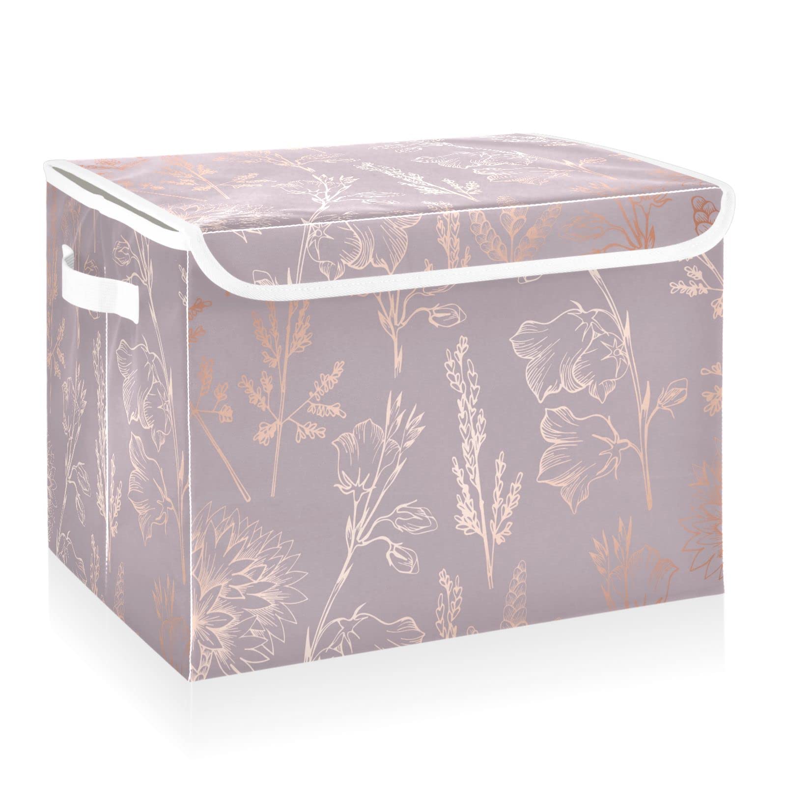 CaTaKu Large Fabric Storage Bins With Lids,Rose Gold Floral Storage Boxes With Handles for Organizing Clothes, Collapsible Storage Cube Bins Baskets for Shelves