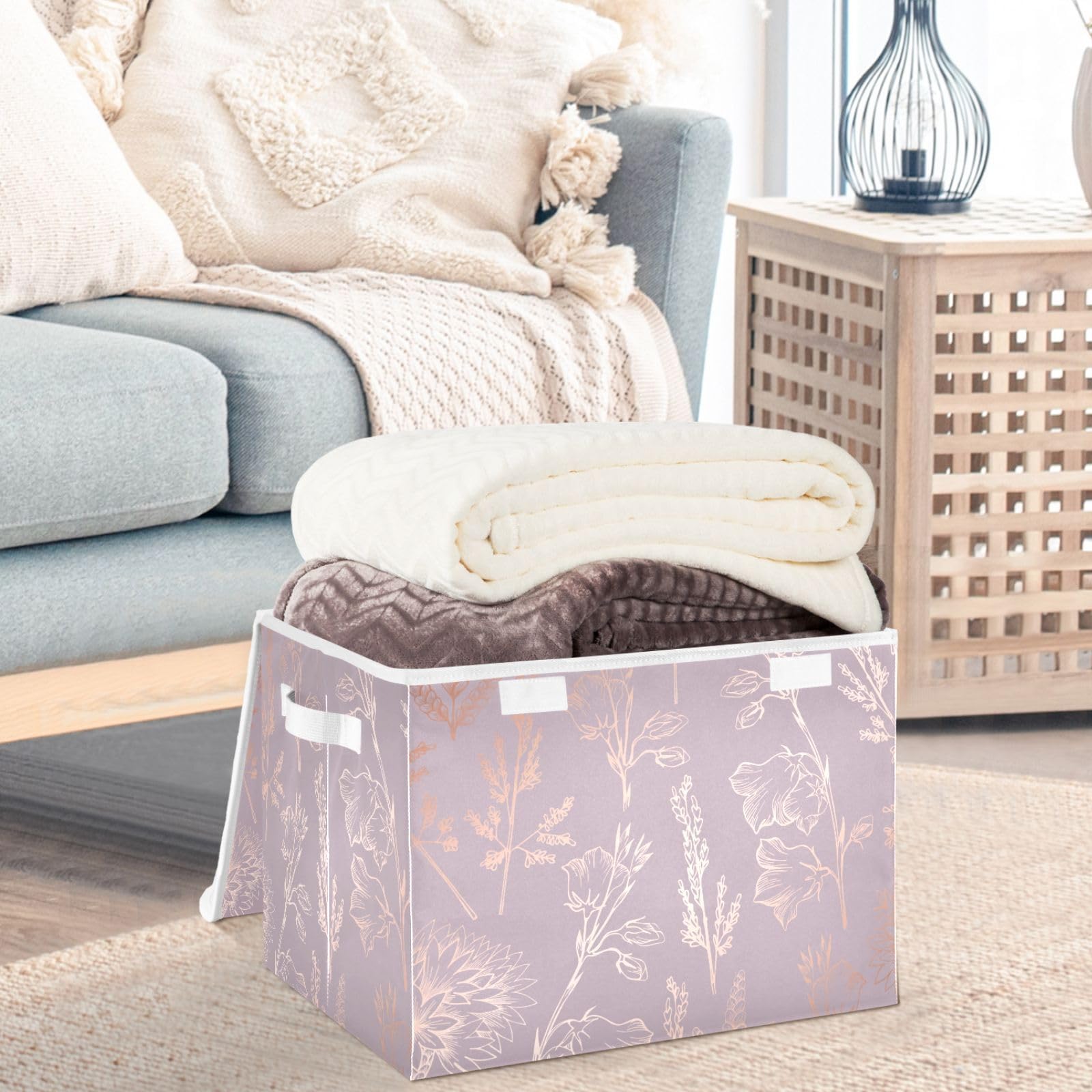 CaTaKu Large Fabric Storage Bins With Lids,Rose Gold Floral Storage Boxes With Handles for Organizing Clothes, Collapsible Storage Cube Bins Baskets for Shelves