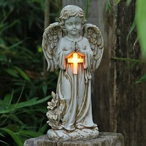 rezpuao angel statue for garden,solar angel for cemetery decorations,garden memorial angel,resin praying angel figurine for patio lawn yard porch decorations,12.12inch