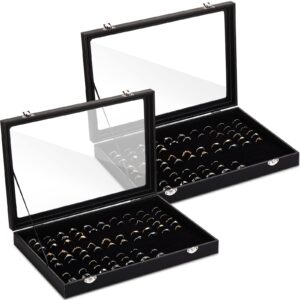 yinkin 2 pcs 100 slots ring organizer box with transparent glass lid necklace display tray ring case velvet jewelry holder (black,ring)