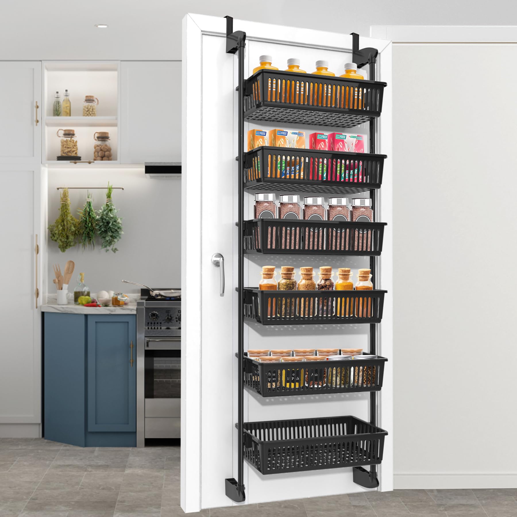 6-Tier Over the Door Pantry Organizer, Upgrade Pantry Door Organization and Storage with 6 Maximum Baskets, Wall Mounted Over the Door Spice Rack Suitable for Kitchen, Bathroom, Playroom